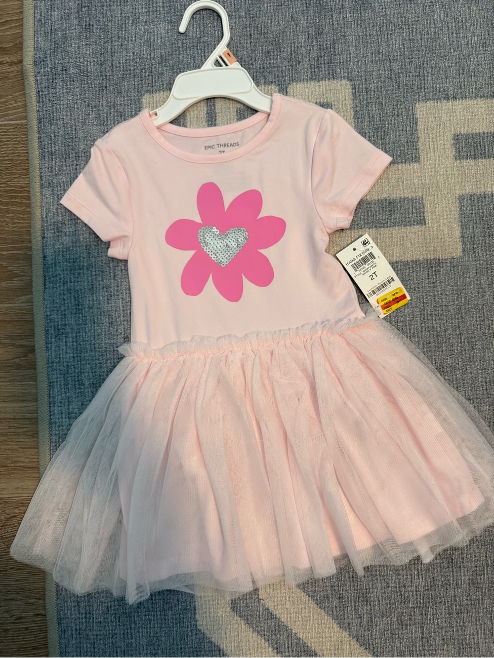 Epic Threads Light Pink Tulle Dress with Hot Pink Flower and Silver Heart 2T NWT